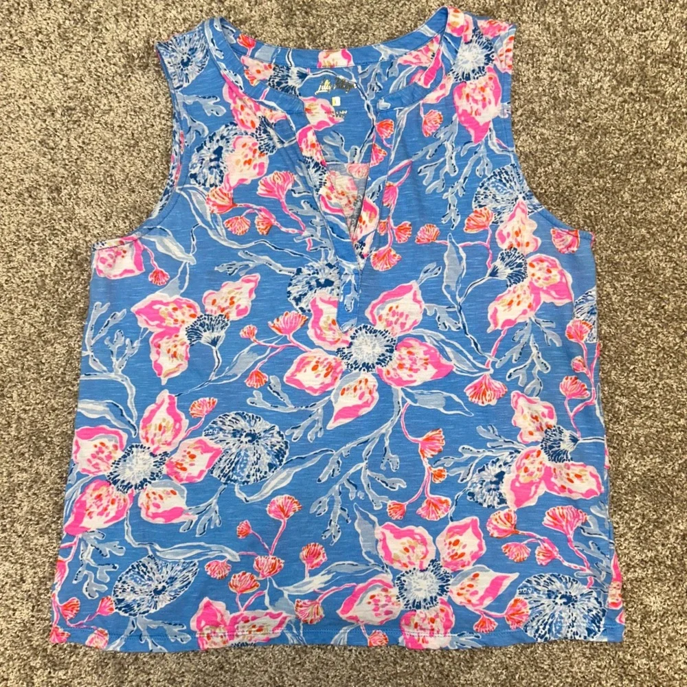 Lilly Pulitzer Floral Tank top Women Size Large Cotton V-Neck Blue Pink
